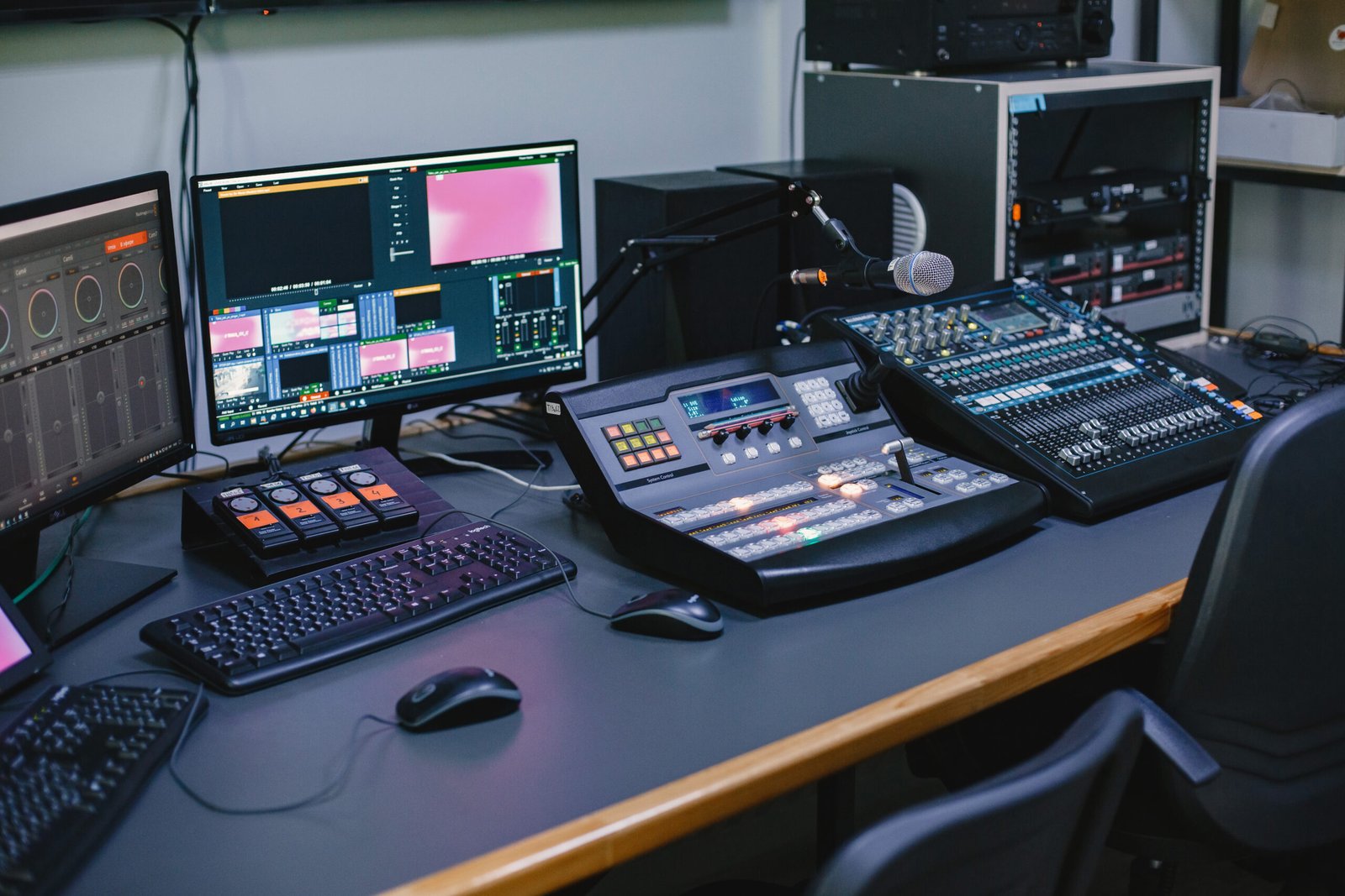 Close Up Of Sound Engineer Studio With Equipment Close Up Of Sound Engineer Studio With Equipment